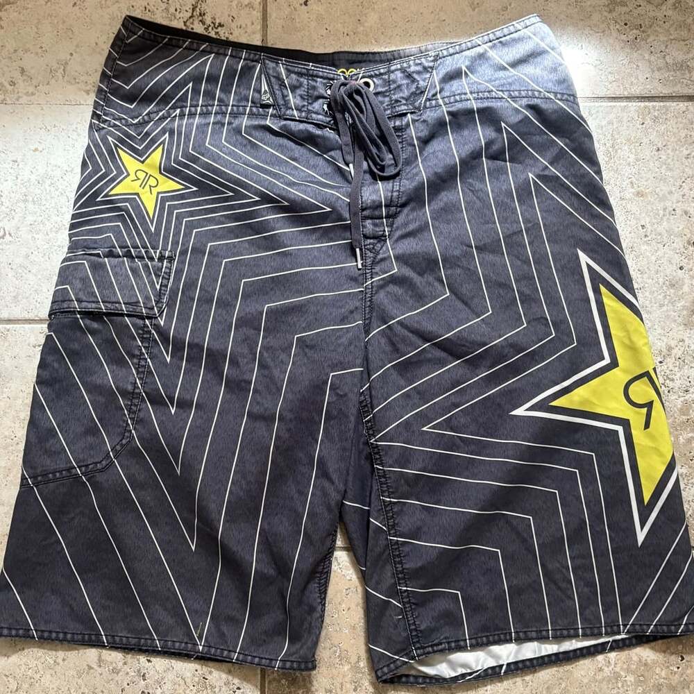 Fox Rockstar Energy Drink Geometric Board Shorts Black/Yellow Size 32